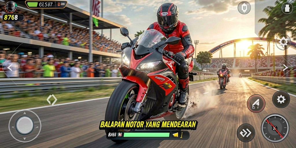 Tampilan gameplay mendebarkan di 8768 dengan balapan motor yang seru.