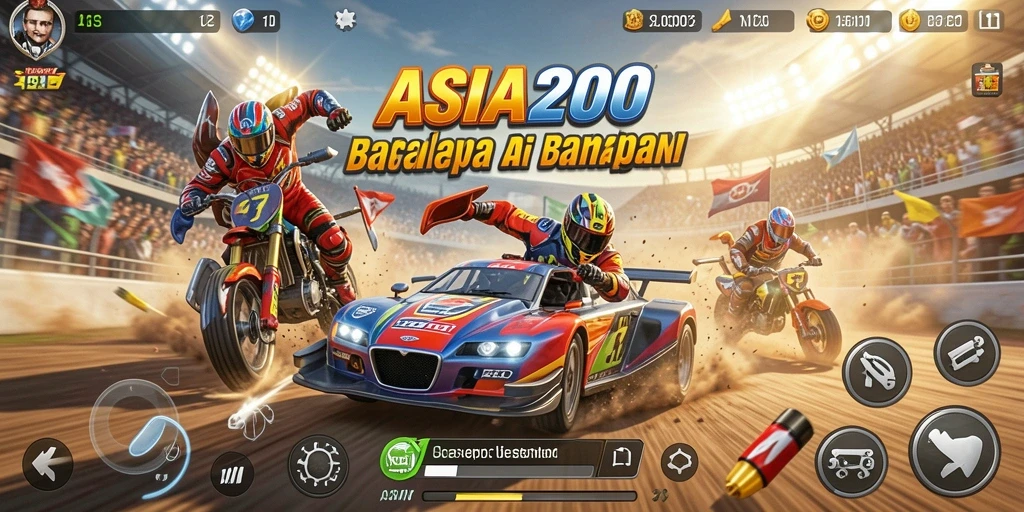 Screenshot gameplay ASIA200 menampilkan aksi balap mendebarkan di lintasan yang menantang.