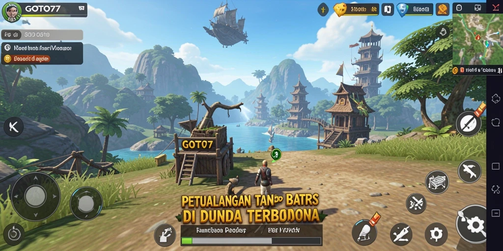 Screenshot utama GOTO77 menampilkan aksi eksplorasi di dunia terbuka.